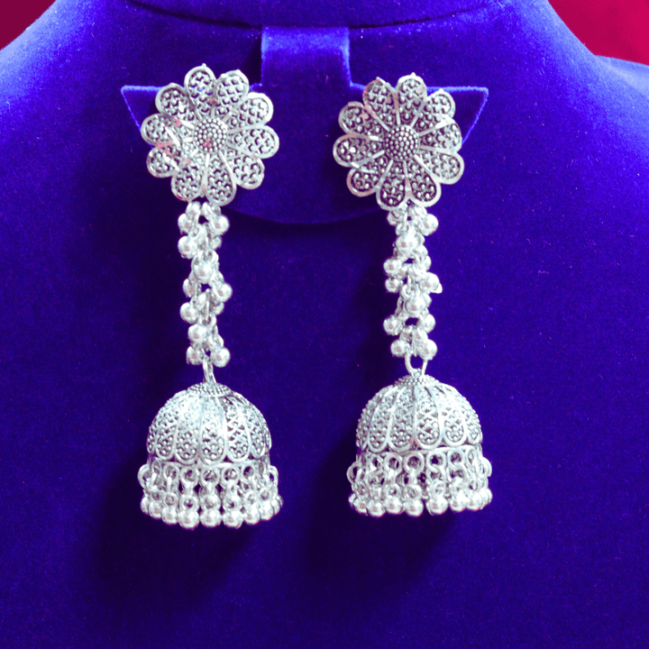 Long Drop Oxidised Jhumka Flower Shaped FS313E - freakysera