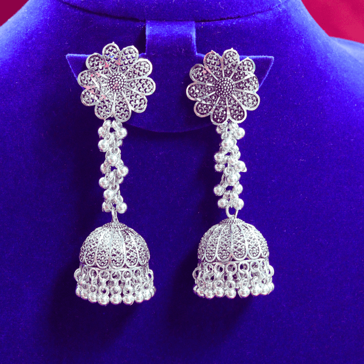 Long Drop Oxidised Jhumka Flower Shaped FS313E - freakysera