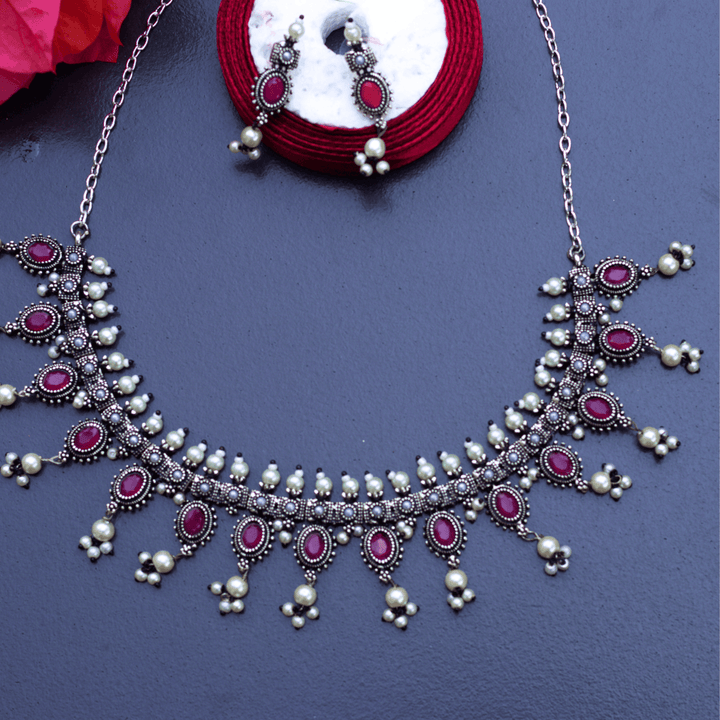 Oxidized Silver Necklace Set With Purple Color and Earrings FS125P - freakysera